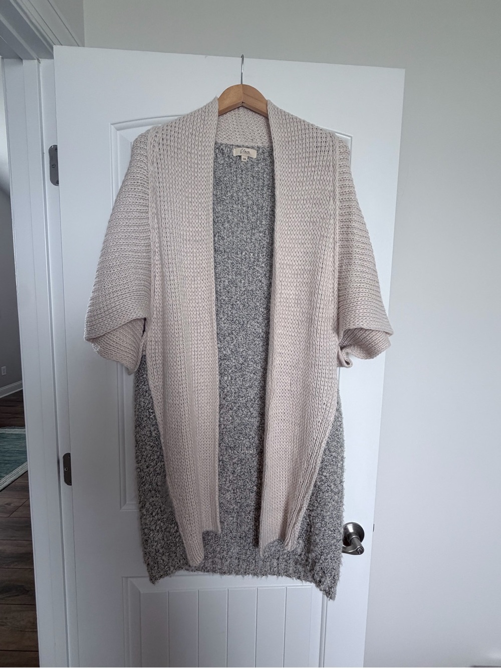 Elan Contrast Knit Oversized Cardigan Duster Gray Cream One Size